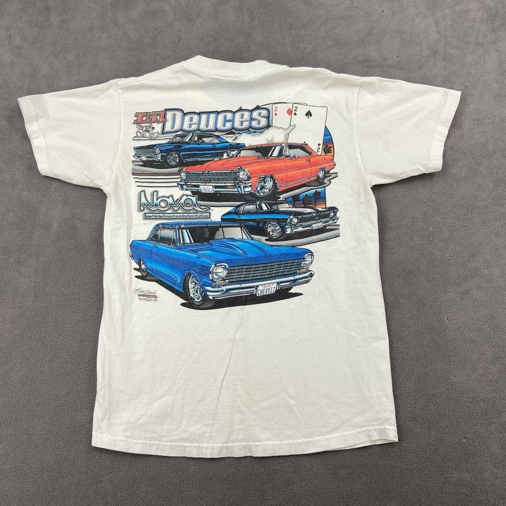Vintage Y2K Deuces Nova by Chevrolet T Shirt Mens Small White Cotton